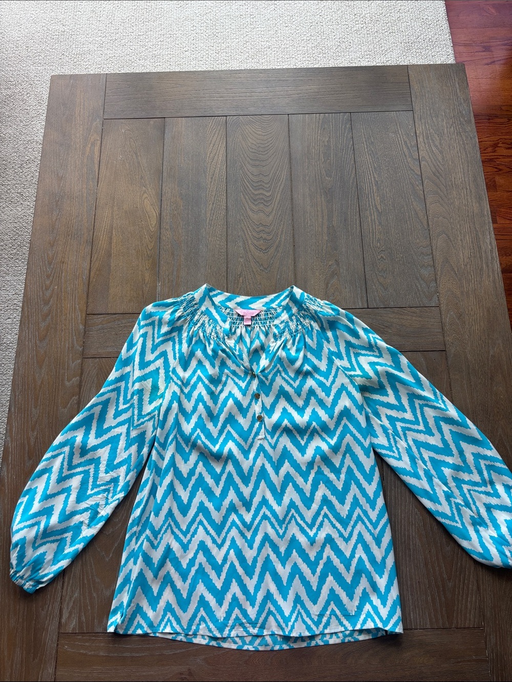 Lilly Pulitzer Teal Chevron Peasant Blouse some wear please see pics